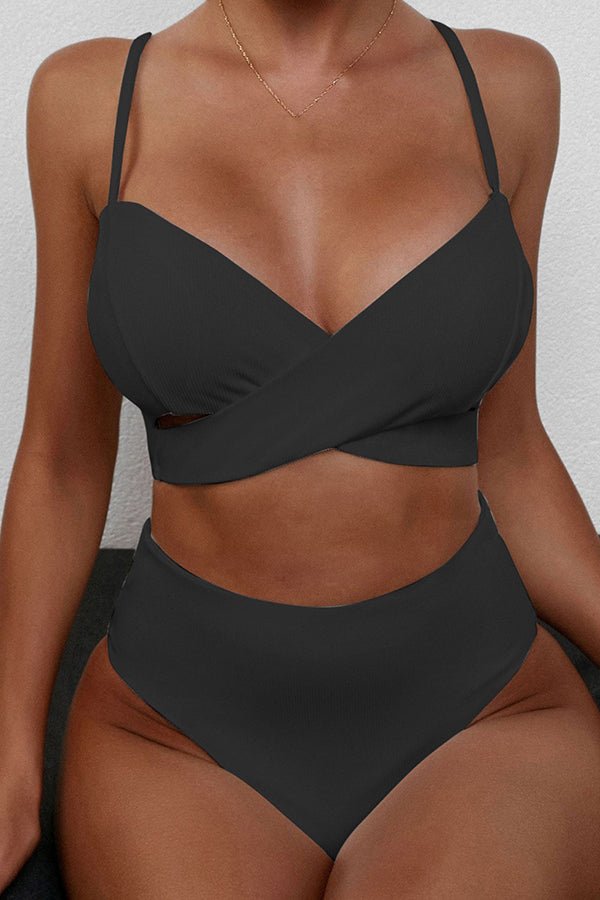 Pit Strip Solid Color Crossover High Waist Bikini Black