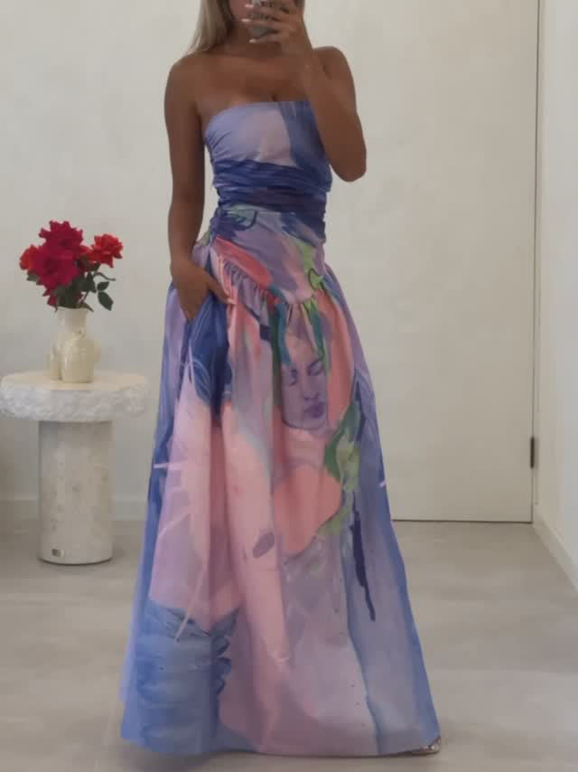 Elegantes, schulterfreies Maxikleid mit Ölgemälde-Print und Bustier-Kleid