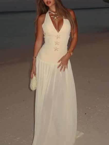 Fashion Halterneck Lace-up Deep V-neck Backless Maxi Dress