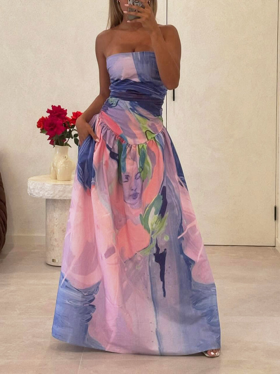 Elegantes, schulterfreies Maxikleid mit Ölgemälde-Print und Bustier-Kleid