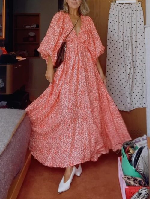 Robe longue décontractée à imprimé léopard et col en V profond