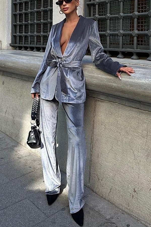 Cool Girl Energy Velvet Long Sleeve Belted Lapel Coat and Elastic Waist Pocketed Loose Pants Set Ash