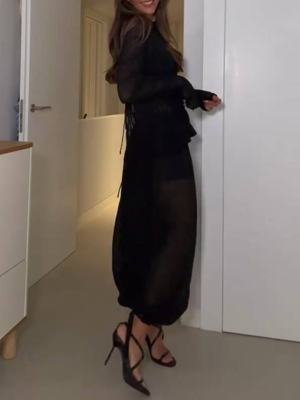 Ensemble chemise plissée à manches longues et pantalon style vacances