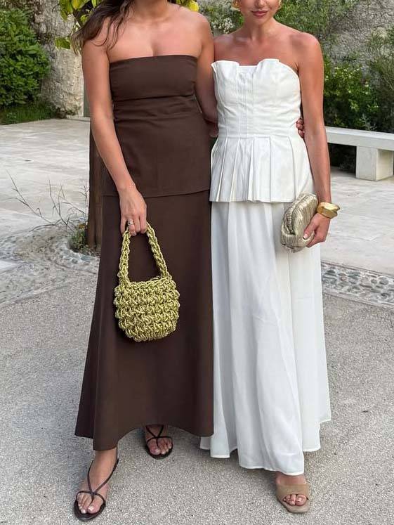 Minimalist Pleated Tube Top And Skirt Set-Top