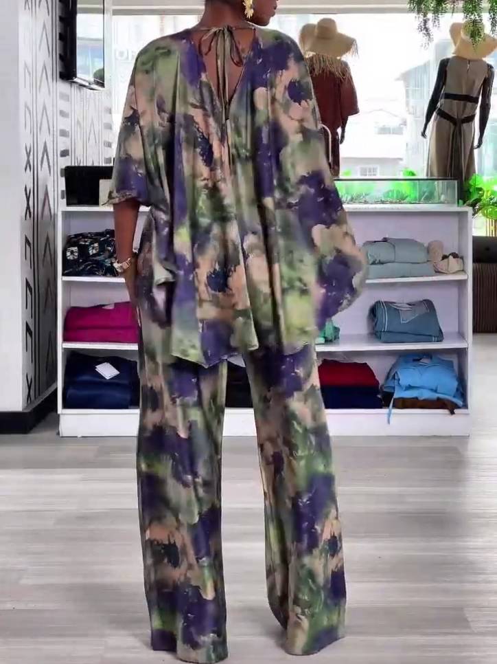 Anzughemd mit bedrucktem Schnürhemd und Hose mit weitem Bein