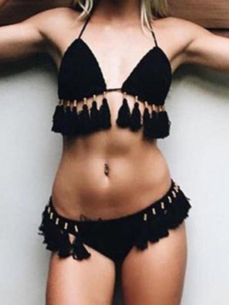 Spaghetti Strap Tassel Design Two Pieces Swimsuit (4 Colors) Black