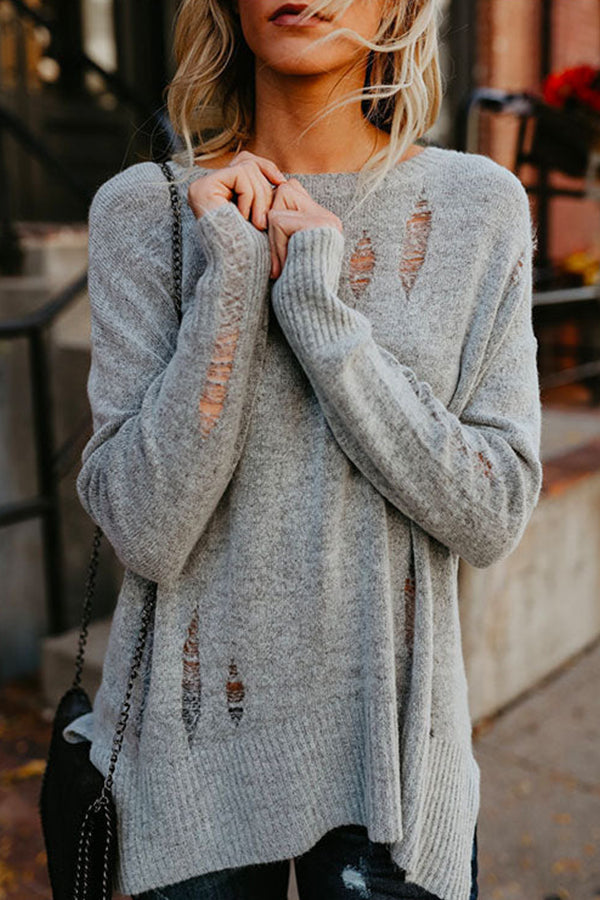 Crewneck Side Split Ripped Comfy Sweater Grey