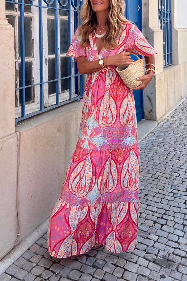 Robe bohème longue à manches courtes et col en V