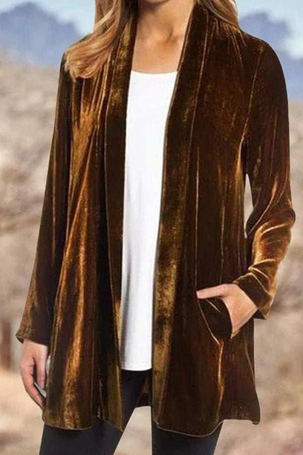 Casual Gold Velvet Solid Color Cardigan Blazer Brown