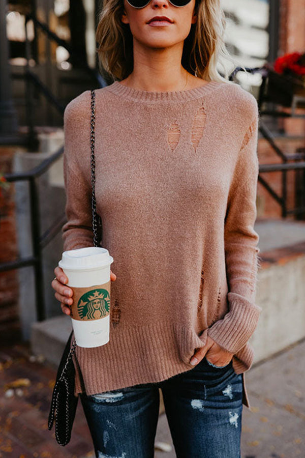 Crewneck Side Split Ripped Comfy Sweater Brown