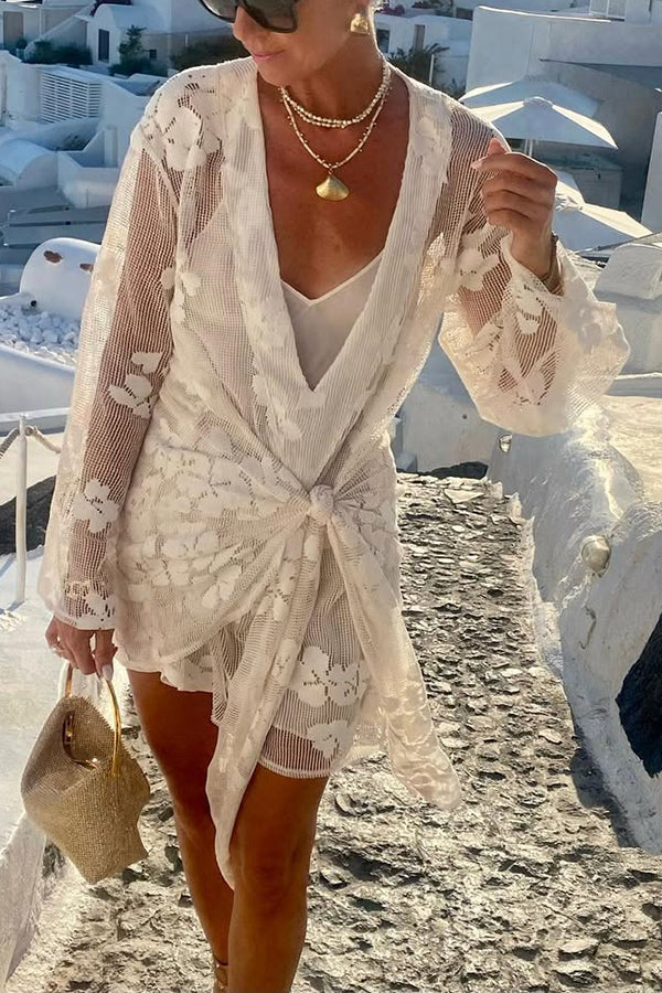 Beach Elegance Floral Lace Long Sleeve Wrap Tie-up Vacation Mini Dress White