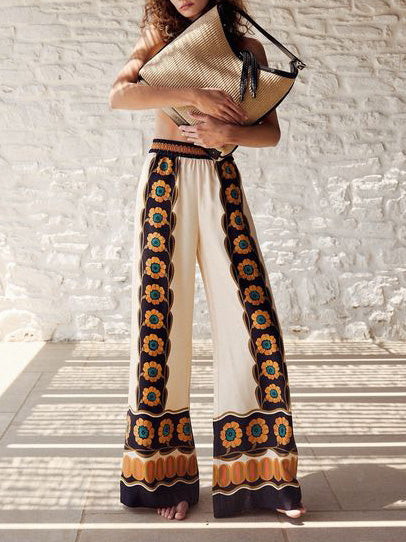 Lockere Hose mit weitem Bein und exquisitem Blumendruck aus Satin