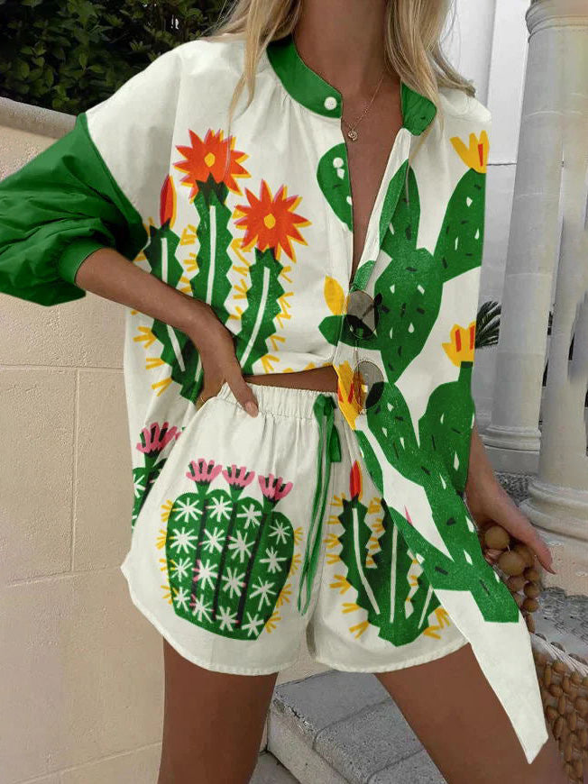 Einzigartiges, zweiteiliges Shorts-Set mit tropischem Kaktus-Print