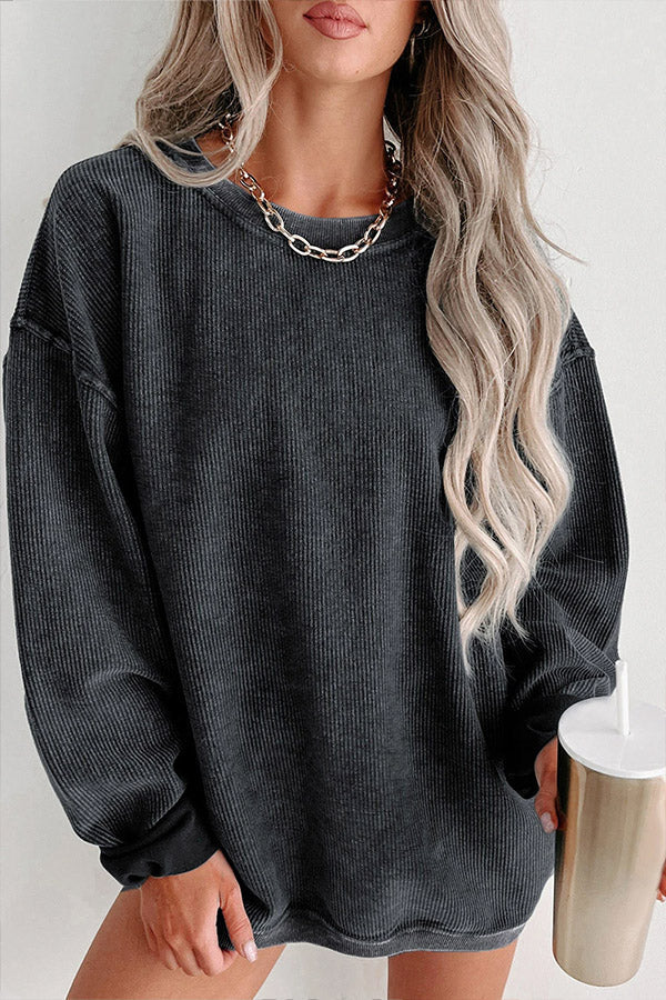 Solid Ribbed Round Neck Pullover Sweatshirt Black
