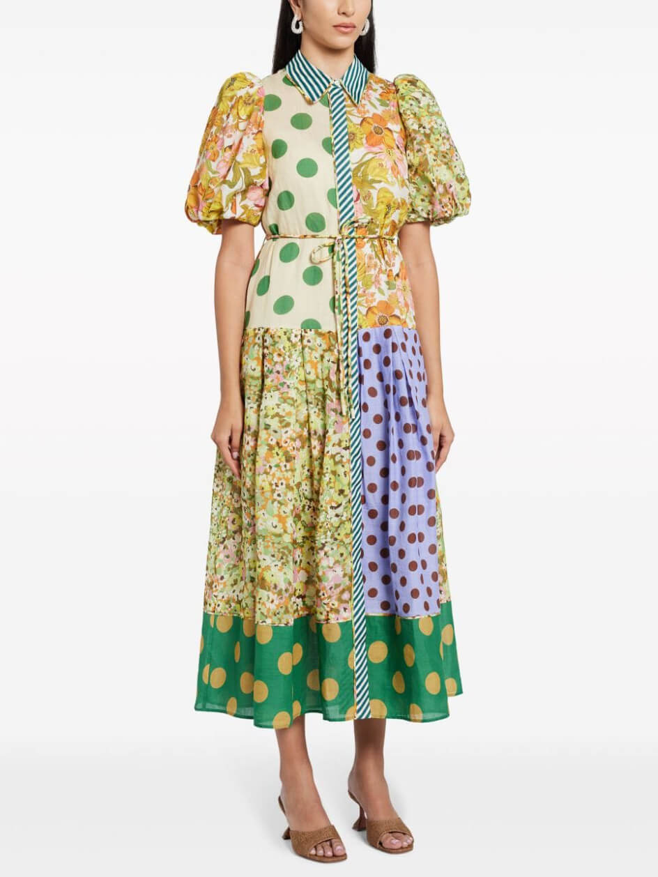 Robe mi-longue à manches bouffantes et imprimé floral rétro exquis