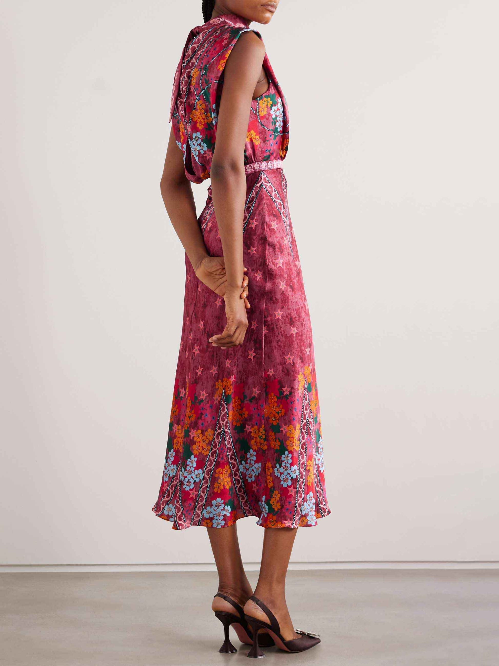 Robe mi-longue en satin à imprimé floral rétro étoiles