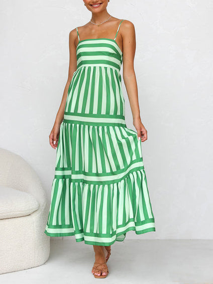 Robe mi-longue à bretelles, dos nu, rayée, avec poches imprimées
