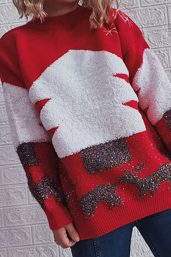 Christmas Pattern Knitted Crew Neck Long Sleeved Sweater Red