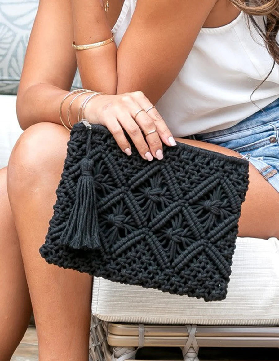 Diamond Pattern Macrame Tassel Clutch Black ONE SIZE