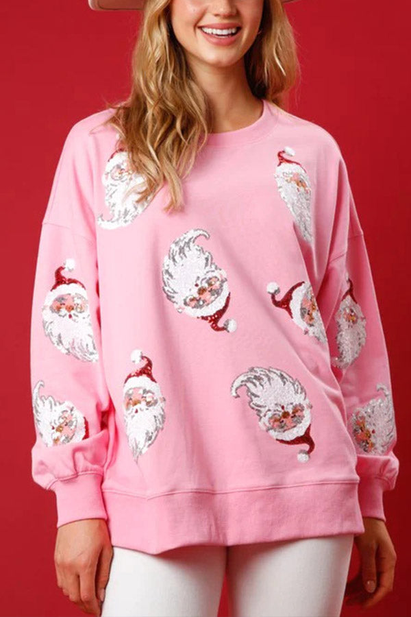 Round neck casual loose Halloween sequined sweatshirt Pink