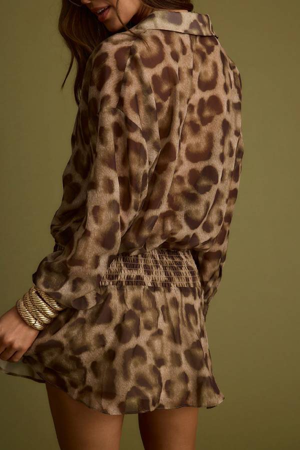 Sexy and Stunning Leopard Long Sleeve Drop Waist Shirt Mini Dress