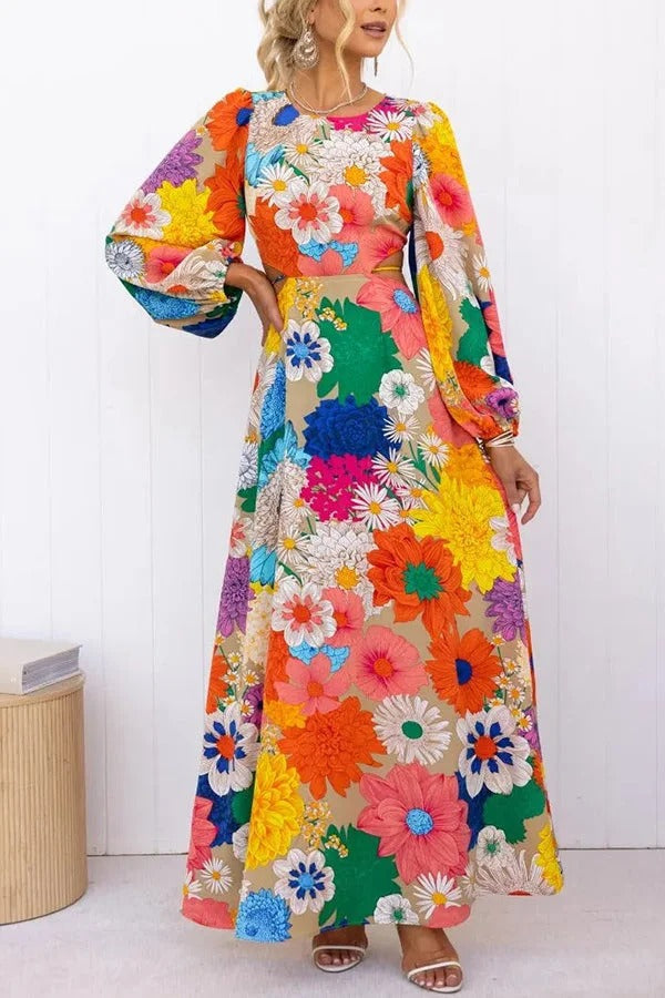Bloom Forever Floral Print Cutout Elastic Waist Maxi Dress Multicolor