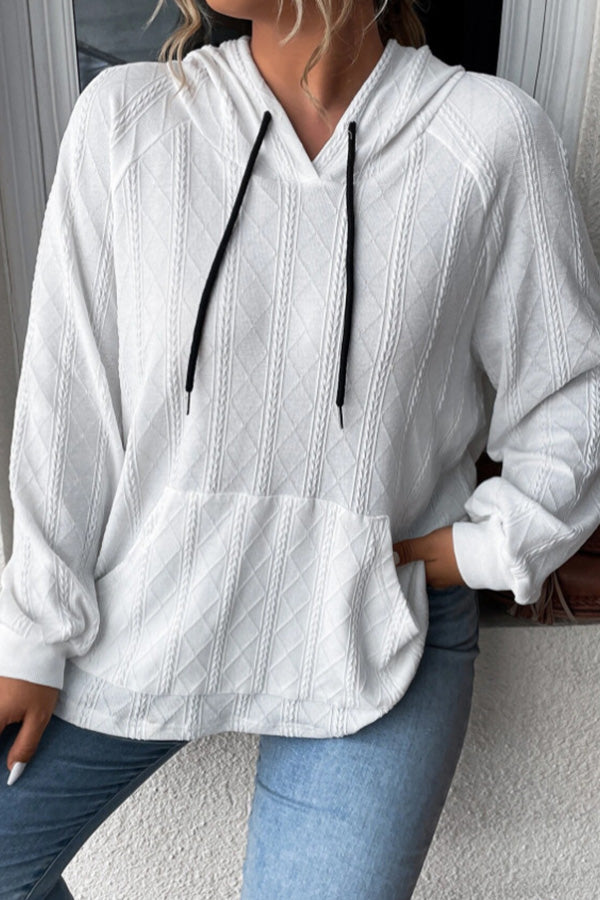 Casual Jacquard Patch Pocket Oversized Loose Hooded Sweatshirt White