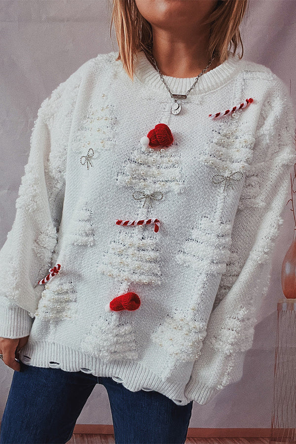 Christmas Pattern Knitted Crew Neck Long Sleeved Sweater White