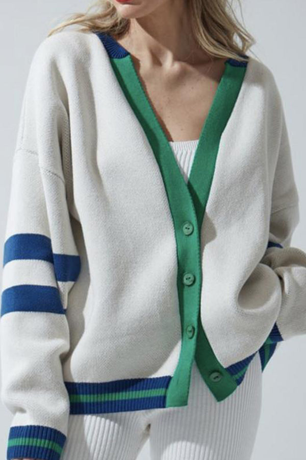 Striped Colorblock Casual Fashion Button Cardigan Sweater Green