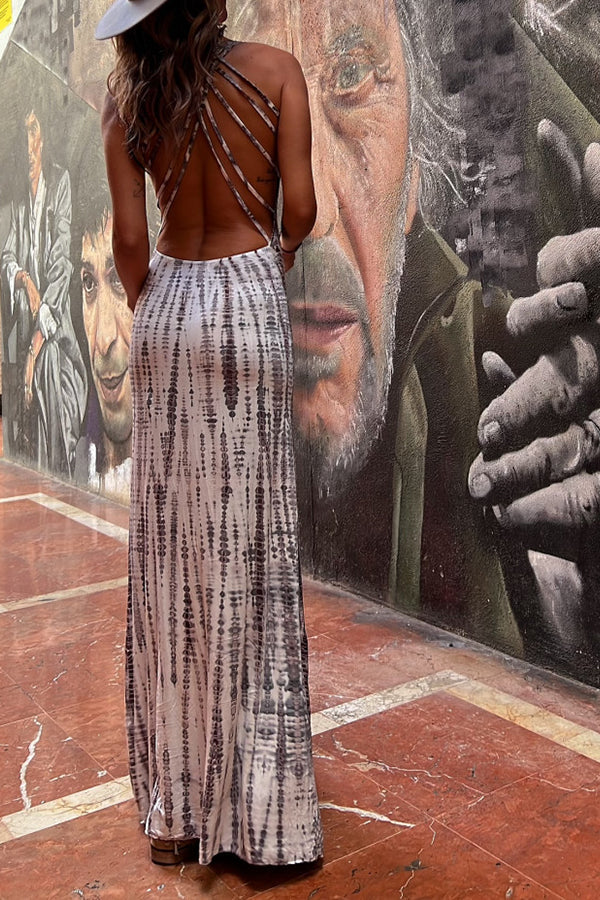 Modern Day Tie-dye Print Back Lace-up Stretch Maxi Dress Ash