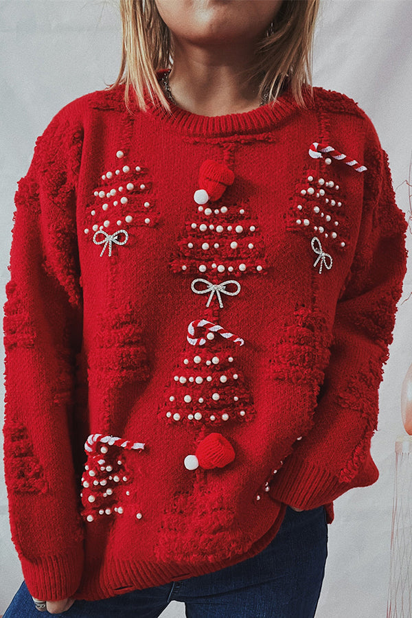 Christmas Pattern Knitted Crew Neck Long Sleeved Sweater Red
