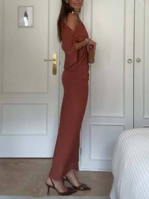 Oblique Collar Off-Shoulder Pleated Maxi Dress