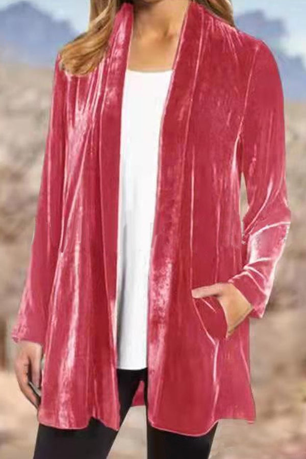 Casual Gold Velvet Solid Color Cardigan Blazer Red