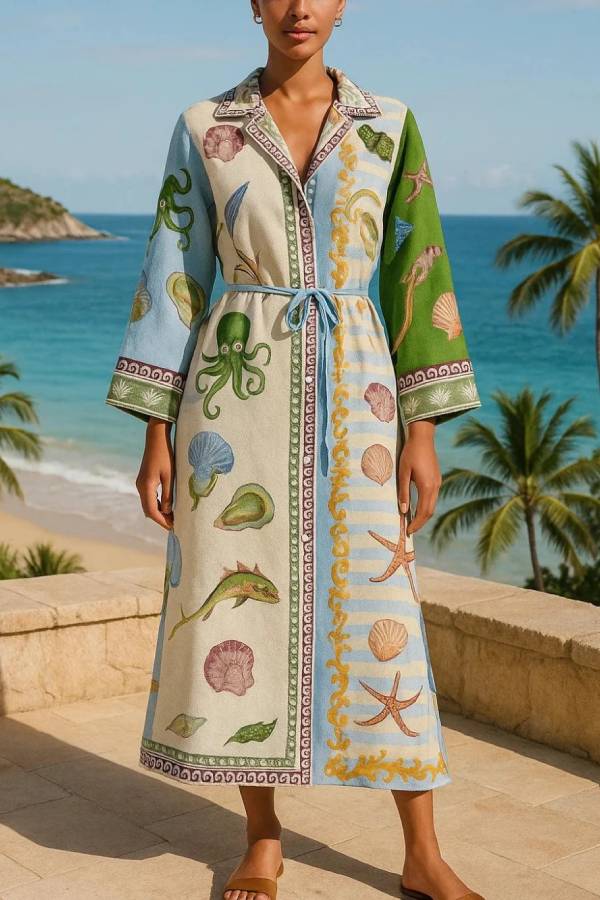 Robe chemise mi-longue en sergé imprimé avec ceinture