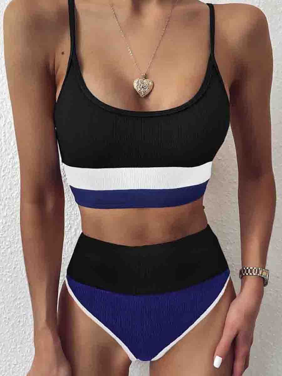 Striped Patchwork Two pieces Swimsuit (3 Colors) Black