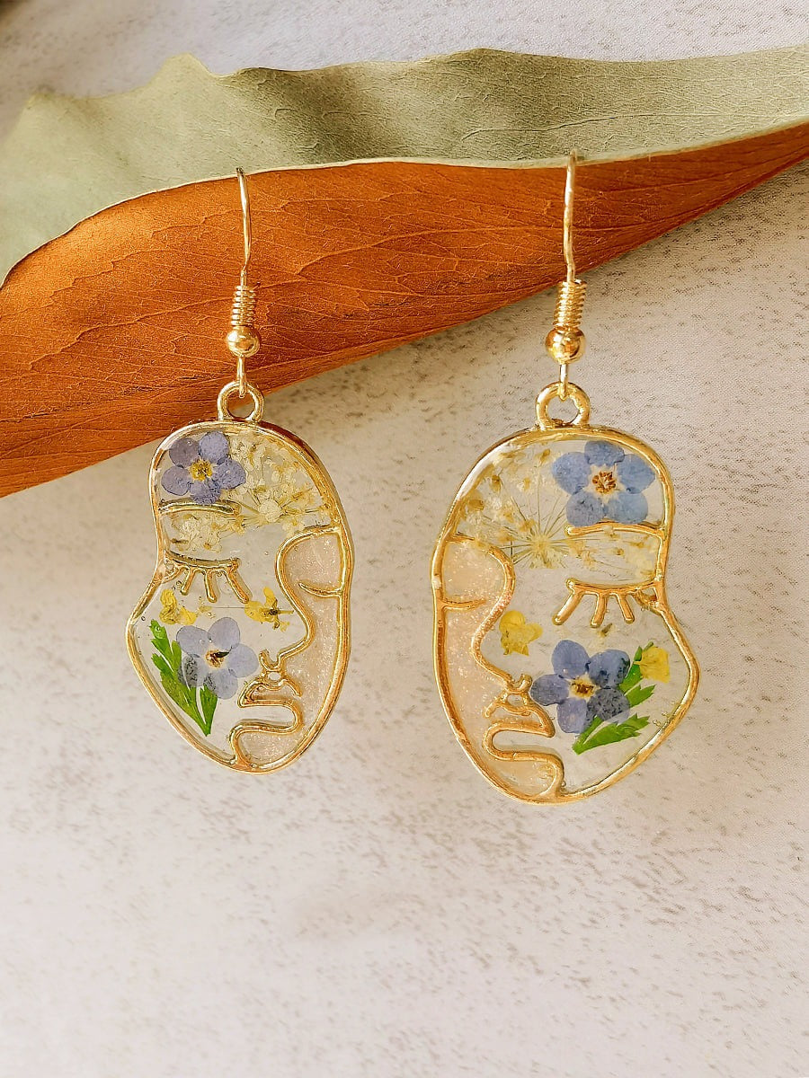 Pressed Flower Earrings -Abstract Face Forget Me Not Flower Gold one size
