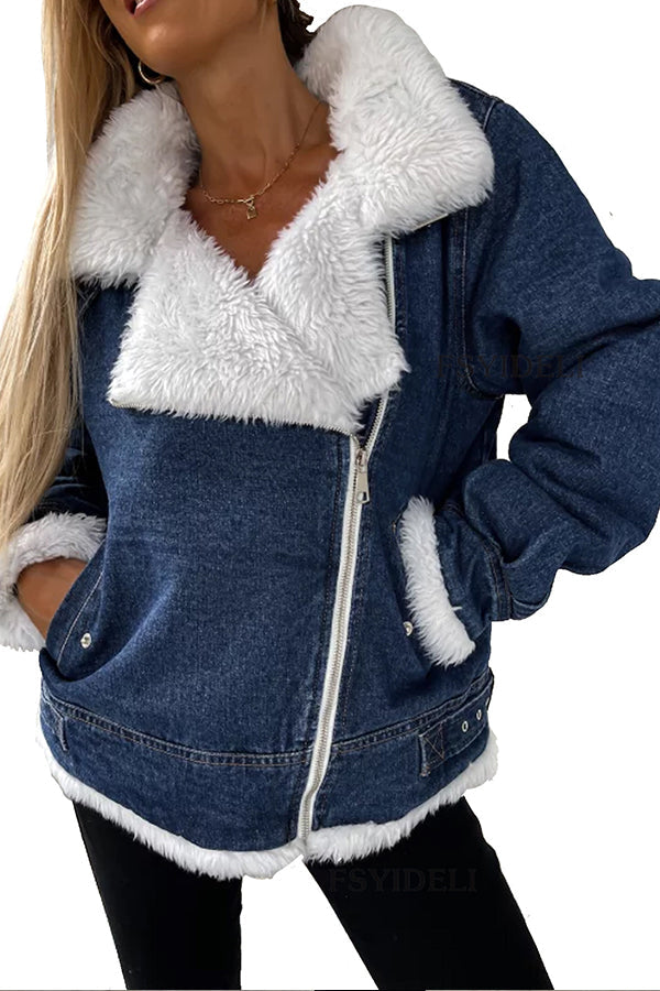 Lamb wool patchwork lapel loose casual jacket Blue