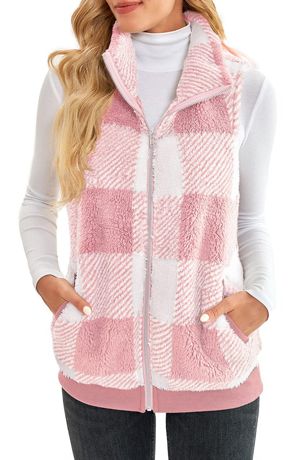 Plaid thickened double-sided velvet cardigan vest stand collar sleeveless vest jacket Pink