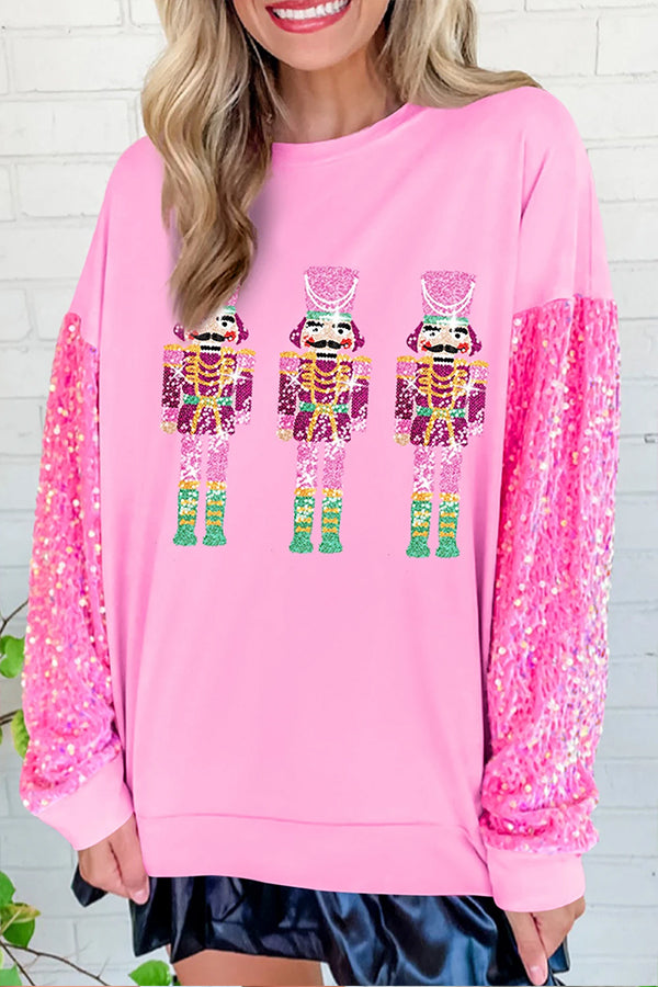 Pink Nutcracker Sequin Sleeve Patchwork Graphic Sweatshirt Pink