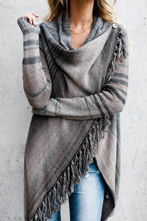 Mid-length slim-fitting fashionable fringed striped jacket Grey