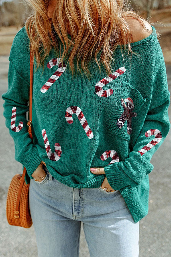 Sequined Christmas Graphic Pullover Sweatshirt Green