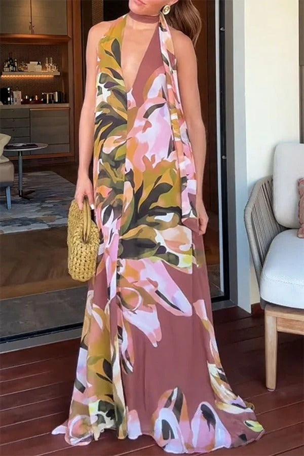 Beachside Bliss – Maxikleid in A-Linie mit V-Ausschnitt und Schal und Blumenmuster