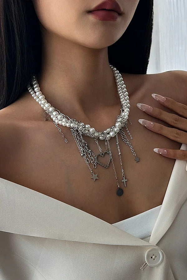 Elegant Pearl Beaded Tassel Heart Chain Necklace 1 one size