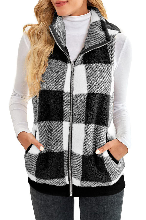 Plaid thickened double-sided velvet cardigan vest stand collar sleeveless vest jacket Black