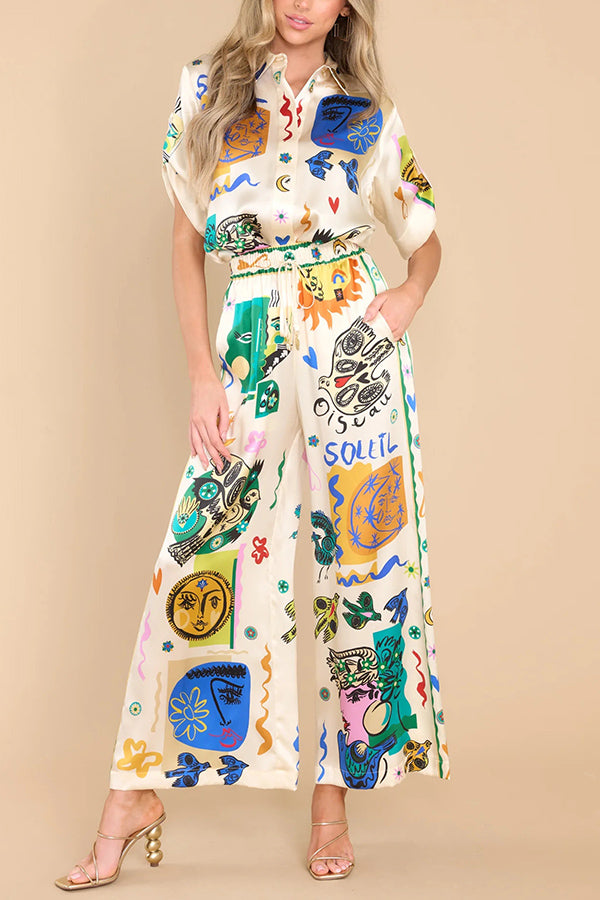 Sun Tribe Satin Unique Print Button Down Oversized Blouse MULTICOLOR