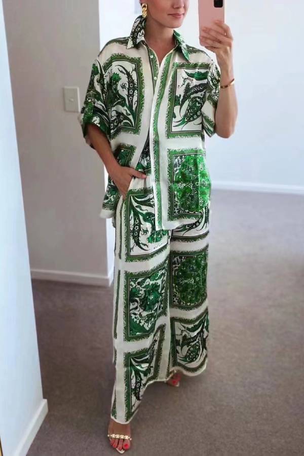 Casual Living Print Patchwork Turndown Collar Short Sleeve Two Pieces Green