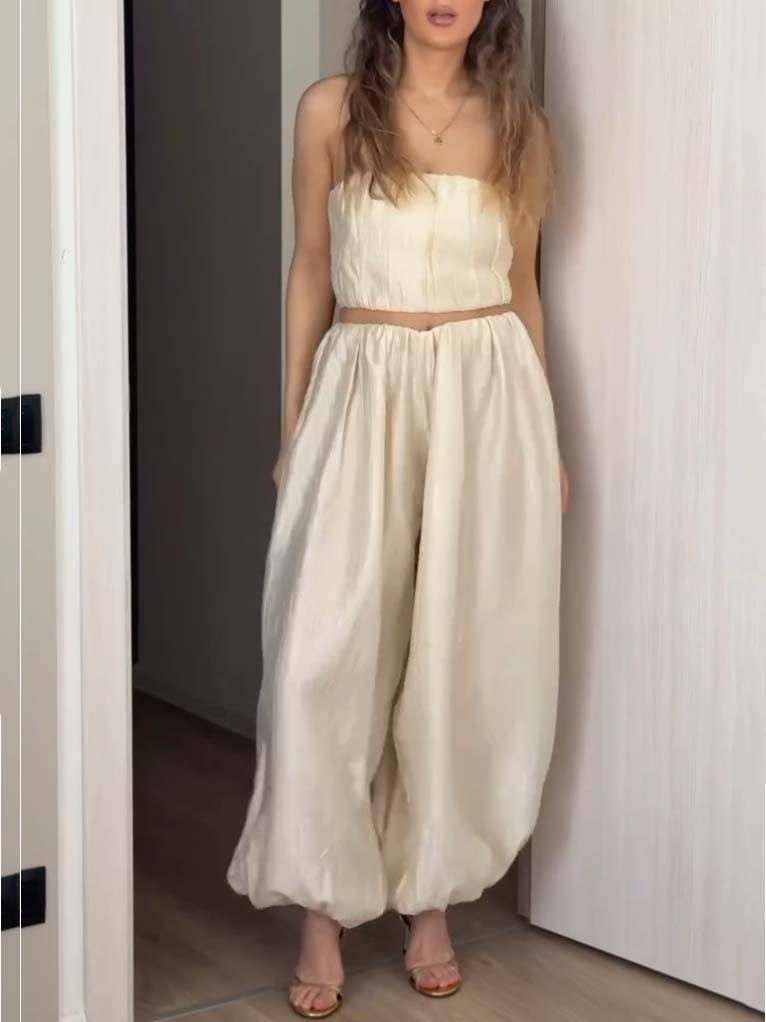 Minimalist Tube Top Wide Leg Pants And Long Shirt Suit-Tube Top And Pants