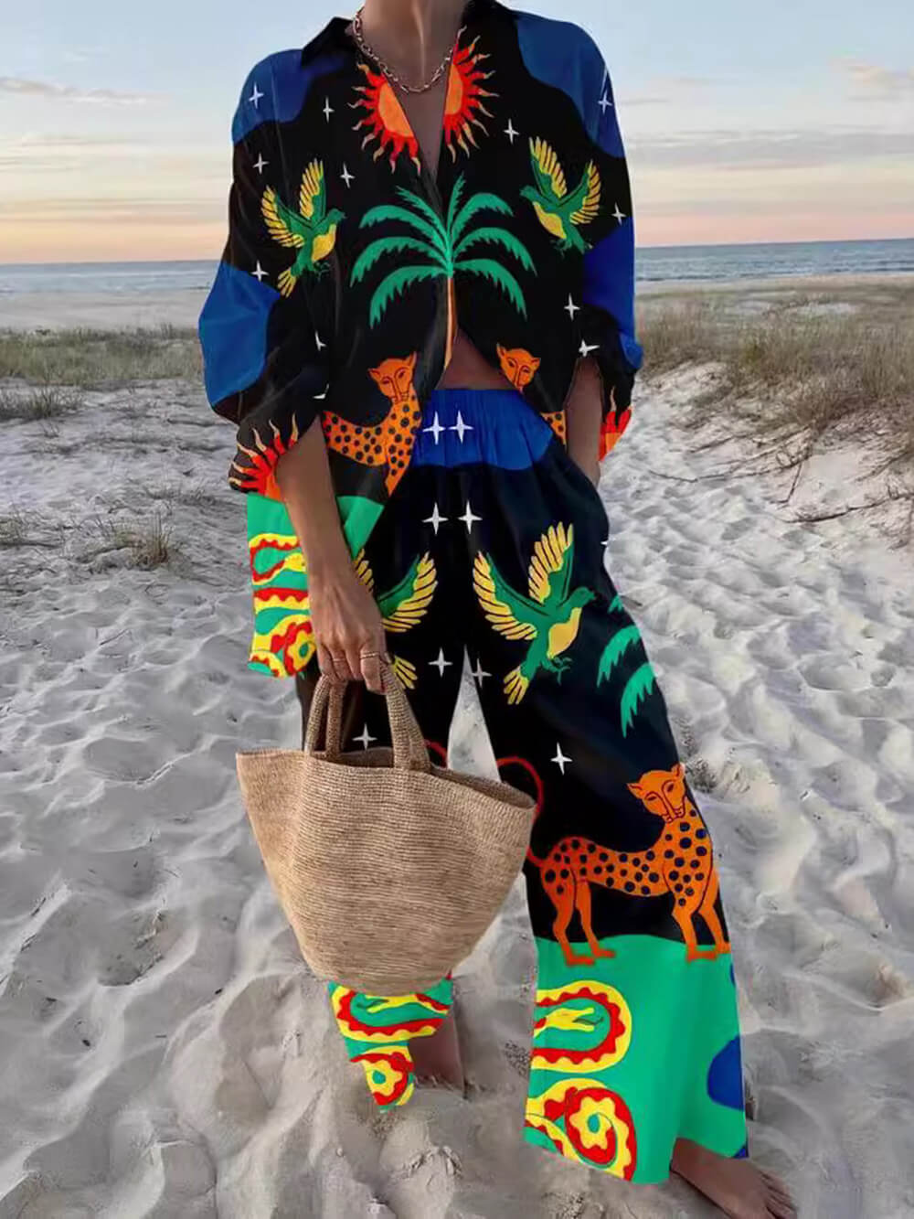 Classic Unique Sun Animal Print Casual Long-Sleeved Shirt Wide-Leg Pants Set