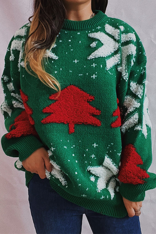 Christmas Pattern Knitted Crew Neck Long Sleeved Sweater White