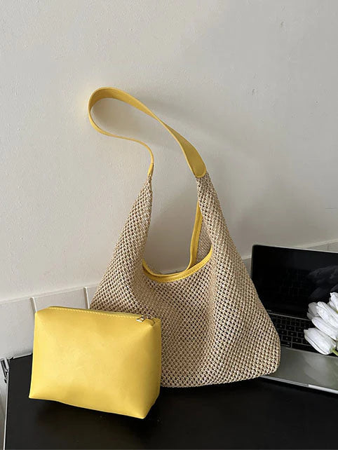Woven Straw Beach Bag Yellow ONE SIZE